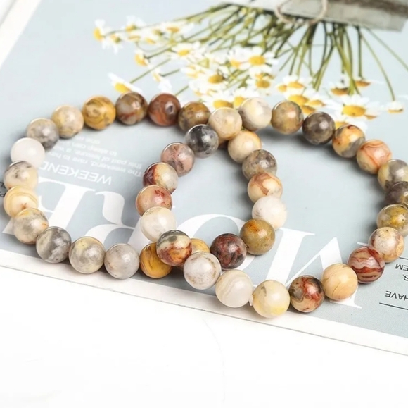 8mm Natural Stone Yellow Crazy Lace Agates Round Beads Bracelet - Picture 3 of 7